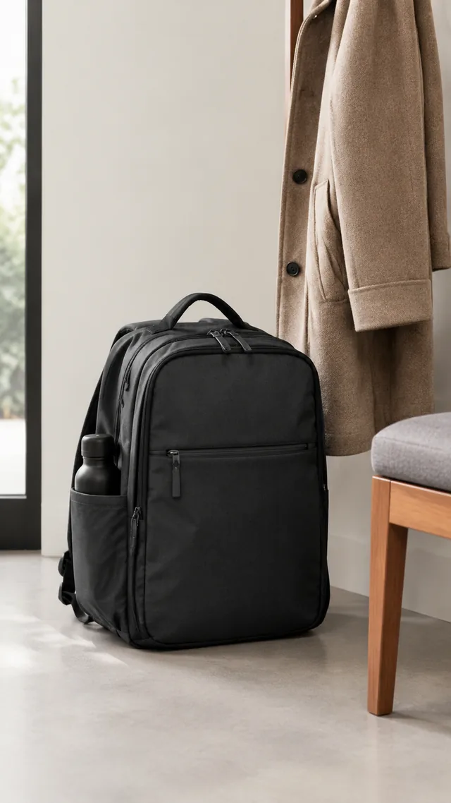 Commuter backpack packed and set beside a coat.