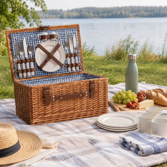 Picnic basket set laid out on a blanket.
