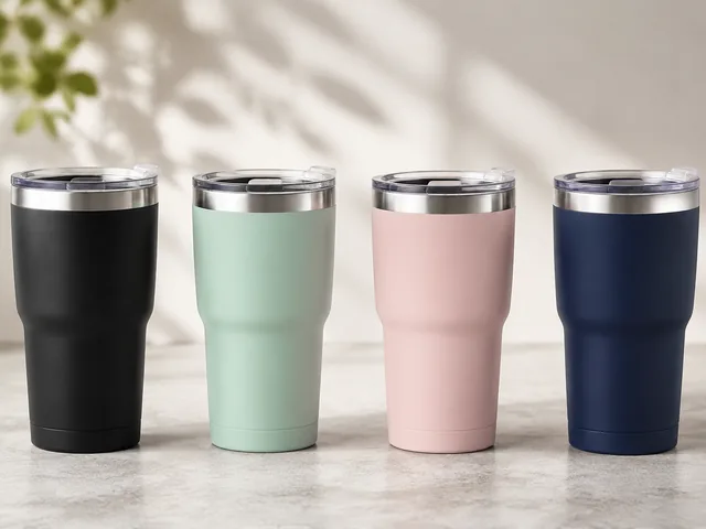 Four insulated tumblers in four colors lined up in the same studio light.