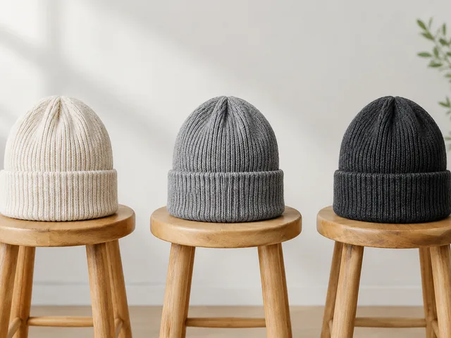 Three knit beanies in three shades on matching wooden stools.