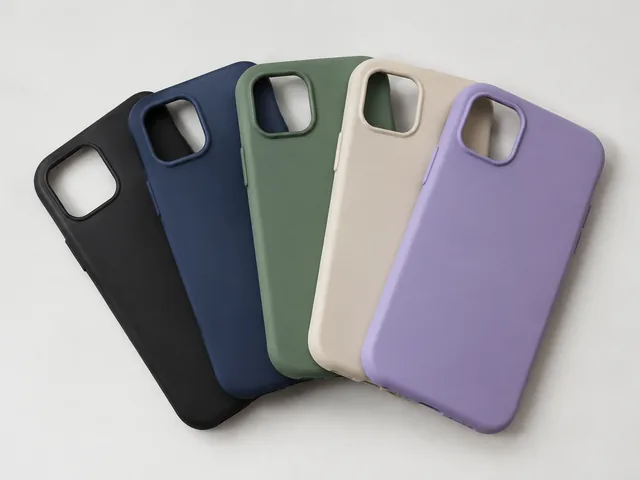 Five phone cases in five colors fanned out on a plain surface.