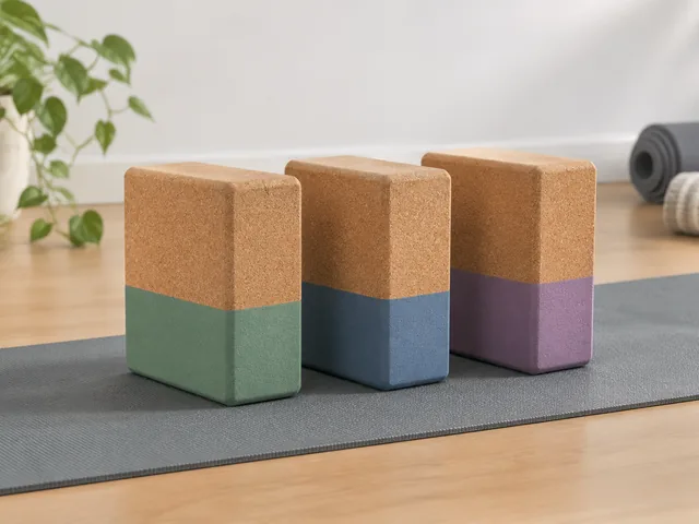 Three cork-and-foam yoga blocks in three colors stacked side by side.