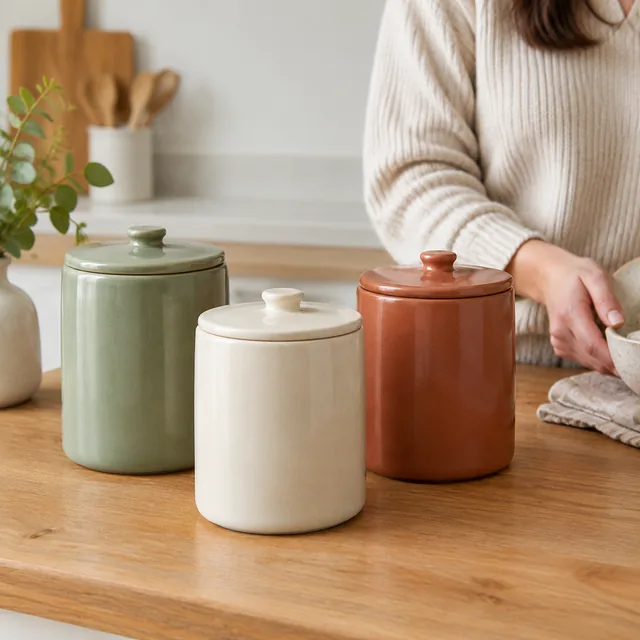 Three ceramic storage jars in sage, cream and terracotta.