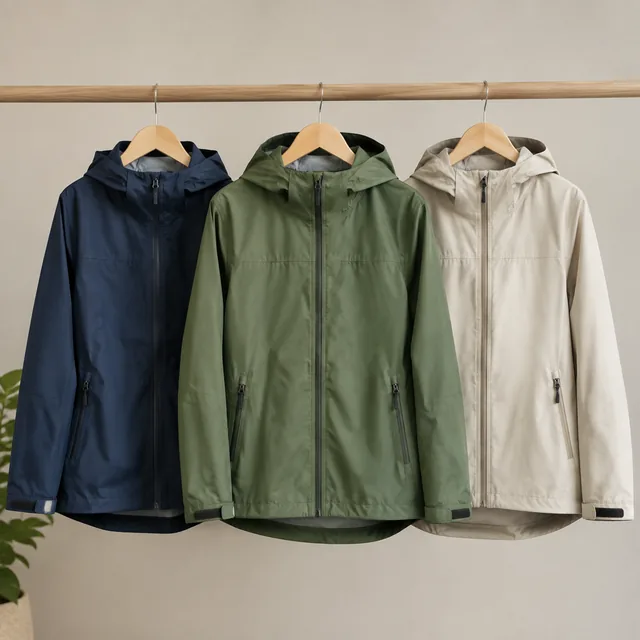 Rain jacket in three colors on matching hangers.