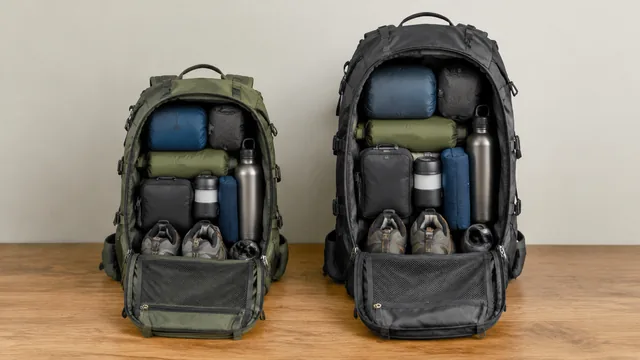 Two backpack sizes side by side, each packed with the same gear.