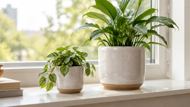 Small and large ceramic planters on the same windowsill.