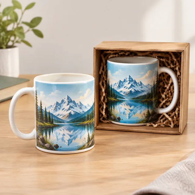 Single mug next to the same mug in its gift box.