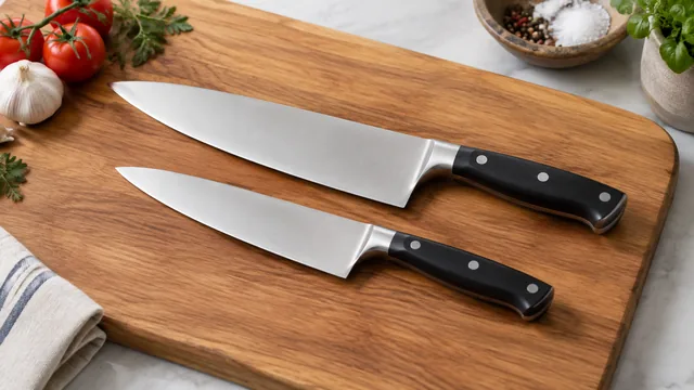Two chef's knives of different lengths side by side on a board.