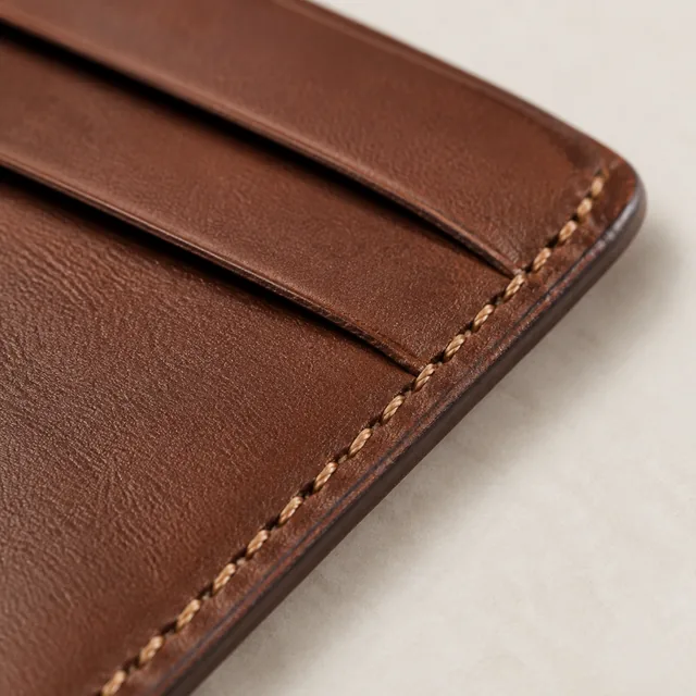 Macro close-up of stitching on a leather card holder edge.