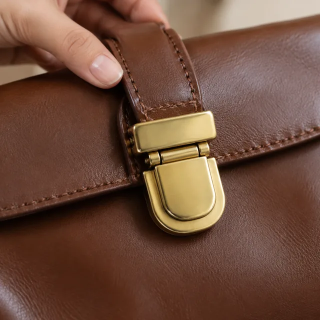 Close-up of a brass clasp on a leather bag.