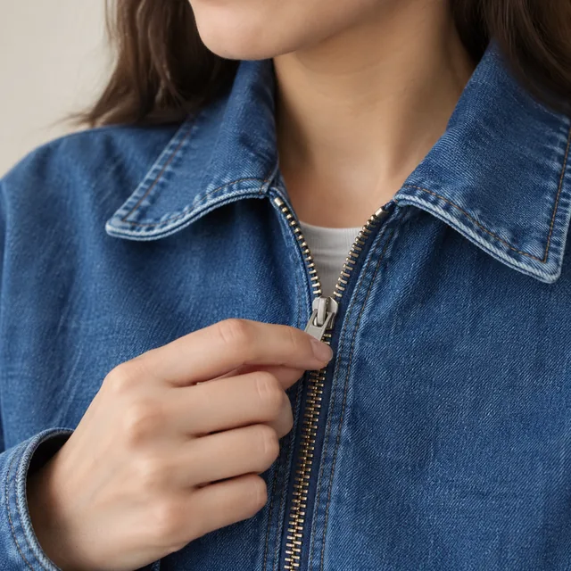 Close-up of metal zipper teeth on a denim jacket.