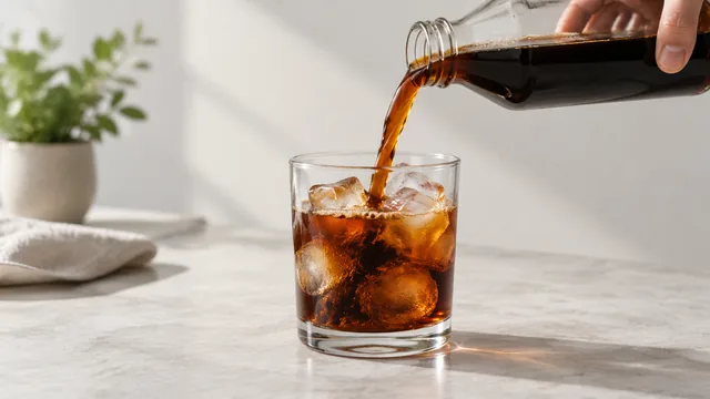 Cold brew coffee poured from a glass bottle into a tumbler with ice.