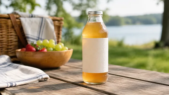 Kombucha bottle sweating on a picnic table.