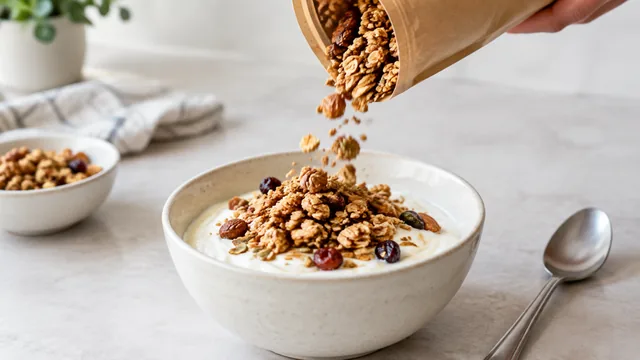 Granola tipped from a pouch into a bowl of yogurt.