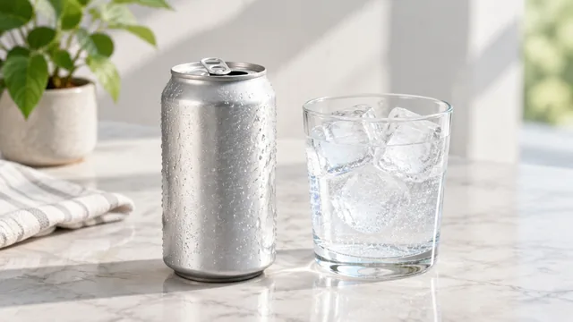 Sparkling water can opened beside a glass of ice.