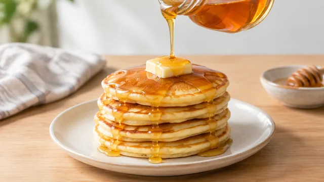 Honey drizzled from a jar over a stack of pancakes.