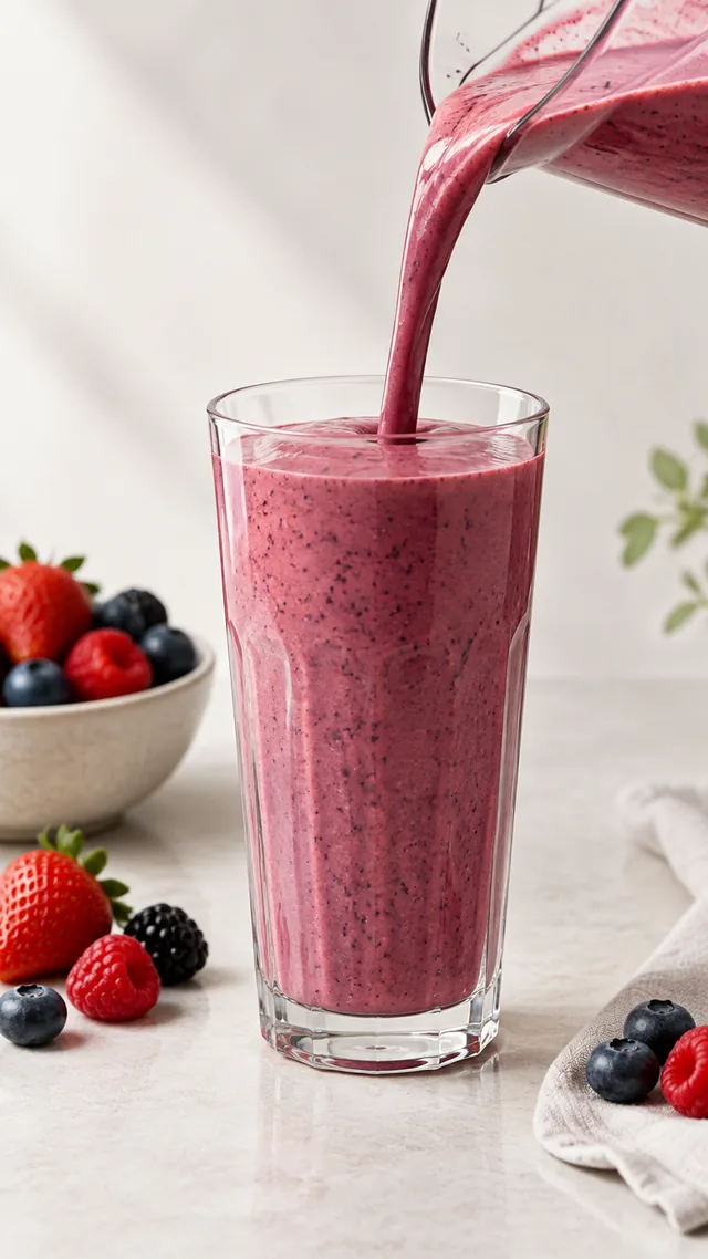 Berry smoothie poured into a tall glass.