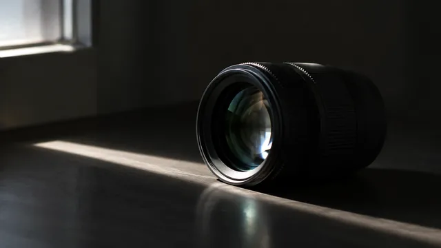 Camera lens catching a thin strip of window light in a dark room.