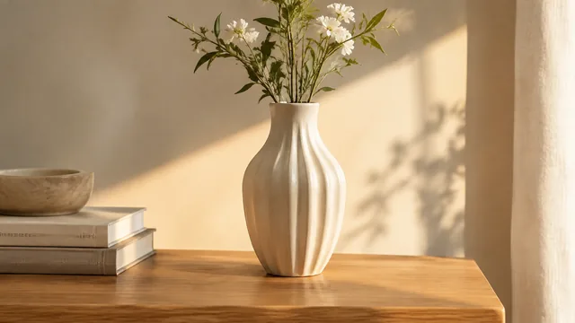 Ceramic vase in a beam of late-day light.