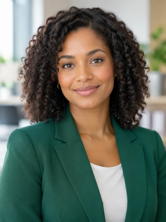 Team member headshot with a soft office background.