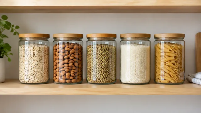 Matching glass pantry jars lined up on a cleared shelf.