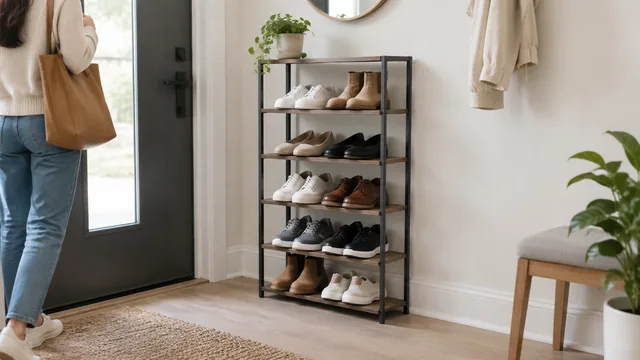 Slim shoe rack neatly filled in a small entryway.