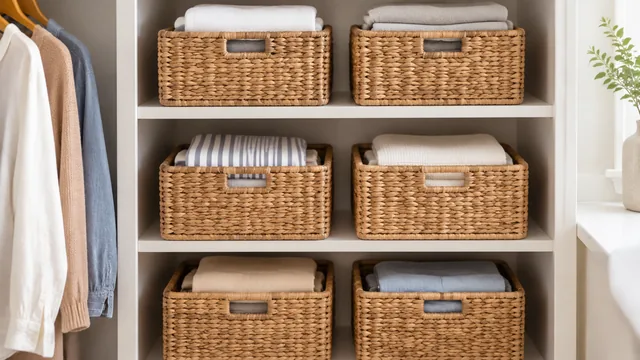 Linen closet stacked into woven baskets.