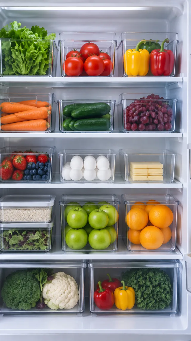 Fridge shelves reset with clear storage bins.