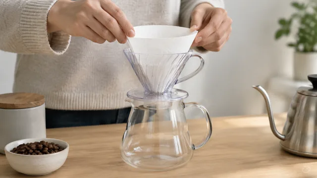 Hands placing a paper filter into a pour-over dripper over a carafe.