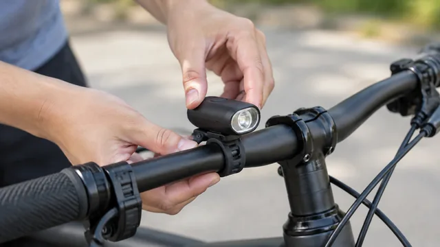 Hands clipping a small bike light onto handlebars.