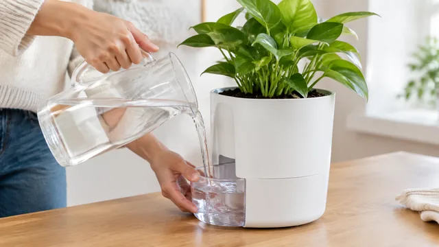 Hands filling the water reservoir of a self-watering planter.