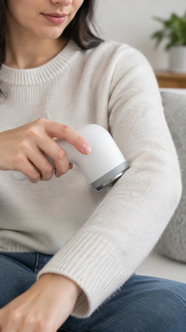 Fabric shaver gliding over a pilled sweater sleeve.