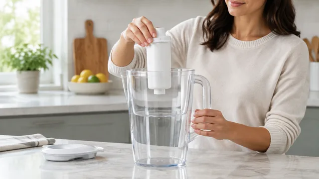 Filter cartridge being clicked into a water pitcher.