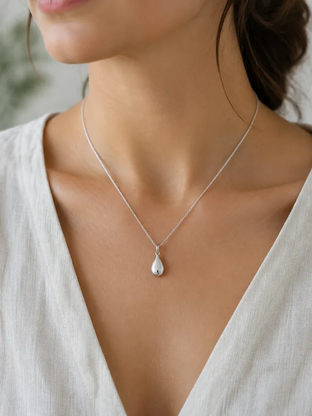 Silver pendant necklace worn on a linen neckline.