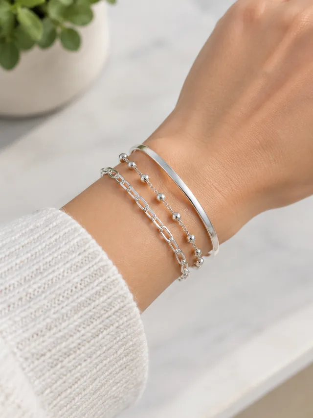 Silver bracelet stacked on a wrist in daylight.