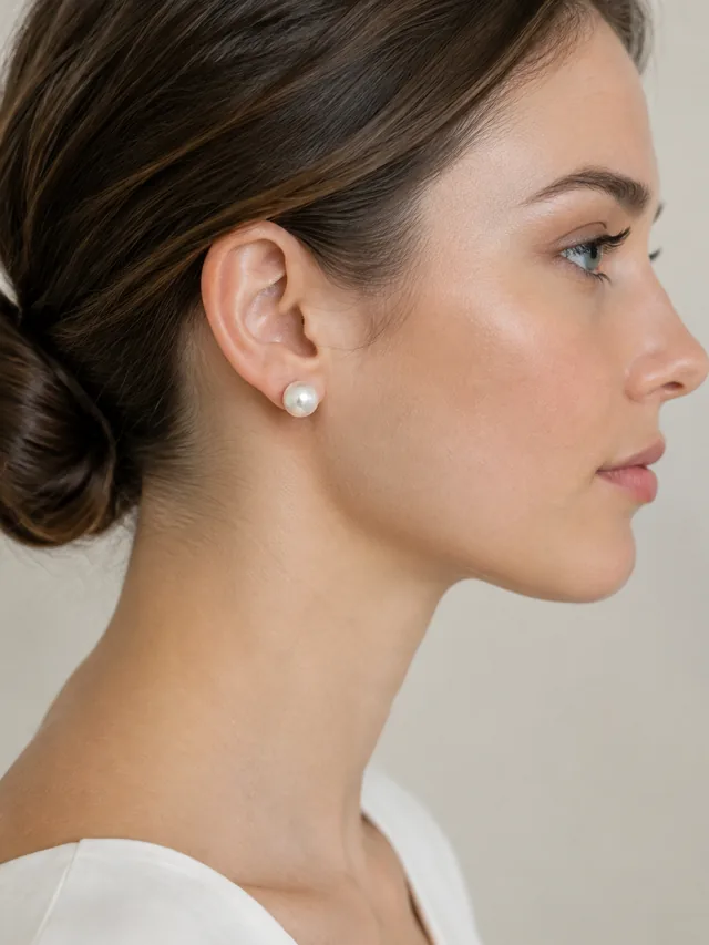 Pearl earrings on a model shown in profile.