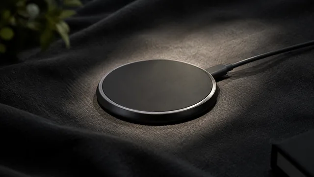 Wireless charging pad revealed under a soft spotlight on dark fabric.