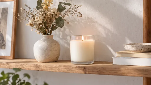 New candle placed on a styled shelf with dried flowers.