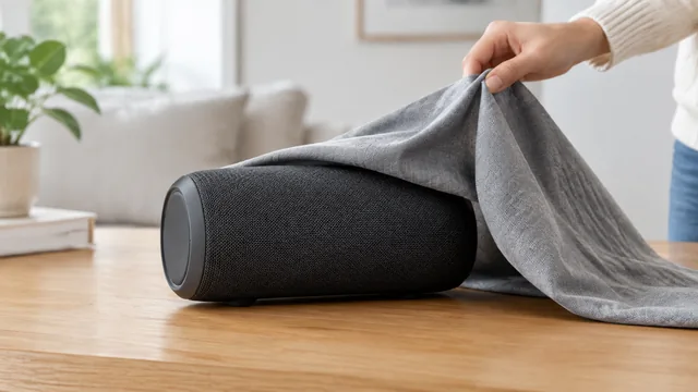 Speaker revealed as a cloth slides off it on a table.