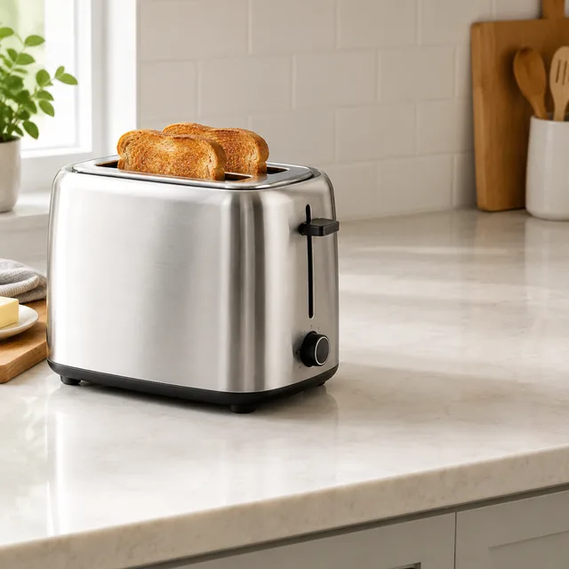 New toaster on a kitchen counter with open space at the side.
