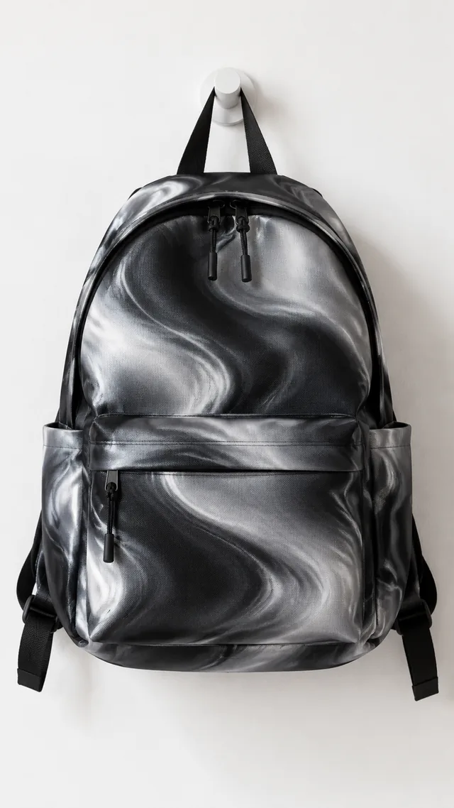 New backpack hanging alone on a white wall hook.