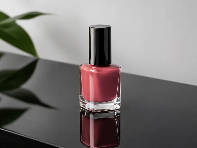 Glossy nail polish bottle on black acrylic with a sharp reflection.