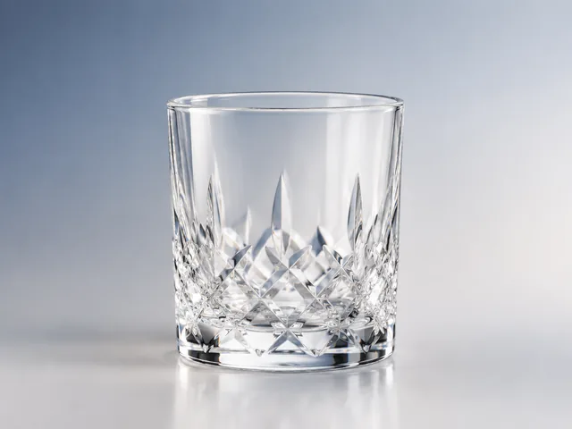 Crystal tumbler glass on a clean gradient backdrop with crisp highlights.