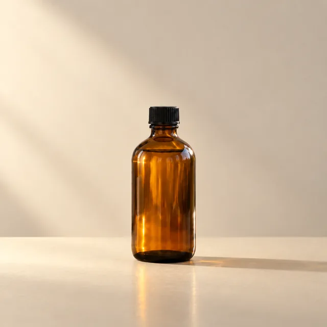 Amber glass bottle in warm side light.