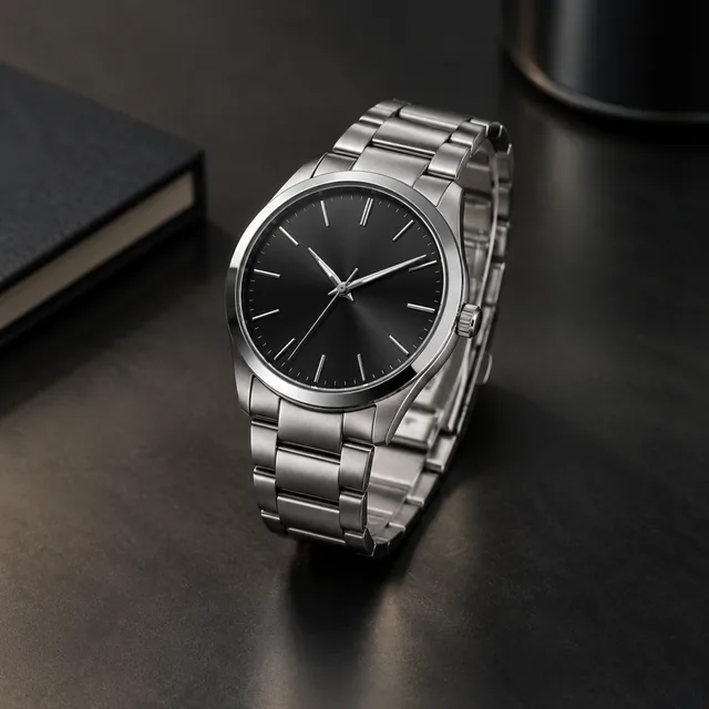 Steel watch with a controlled highlight on a dark surface.