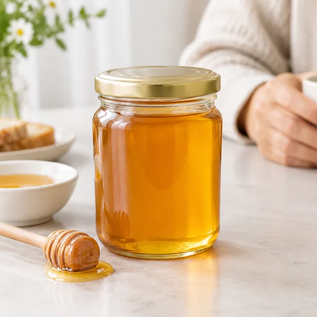 Glass honey jar with soft, even highlights.
