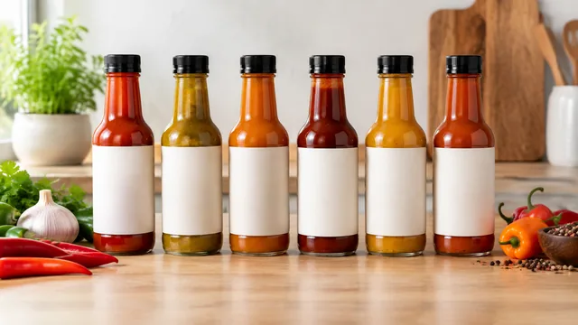 Small-batch hot sauce bottles lined up on a counter.