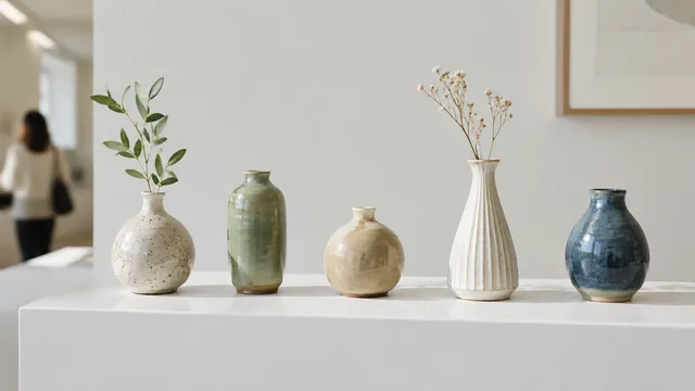 Small-run ceramic vases on a gallery shelf.