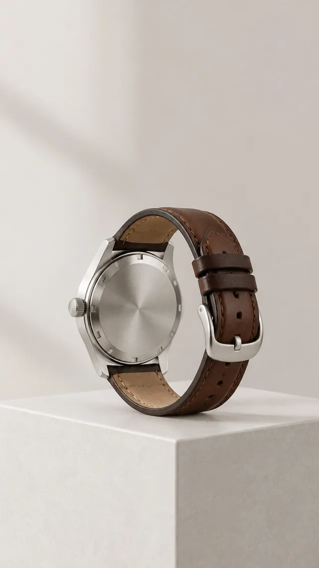 Wristwatch on a pedestal turned to show its caseback, open space above.