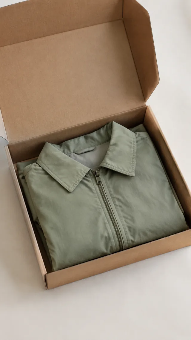 Jacket folded into a shipping box.